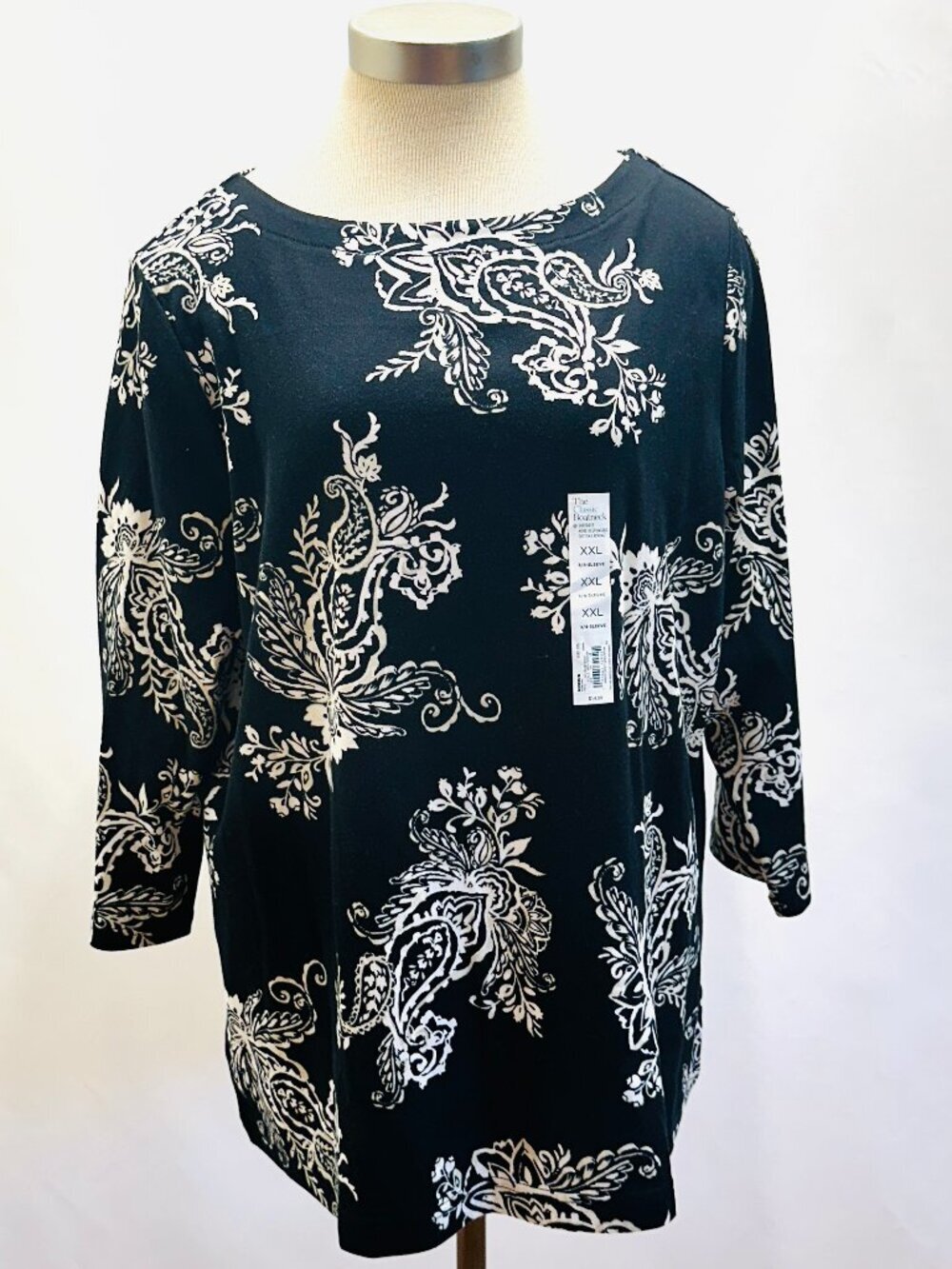 NWT CROFT&BARROW Women 3/4 Sleeve Pullover Boatneck Paisley Black Shirt Sz XXL
